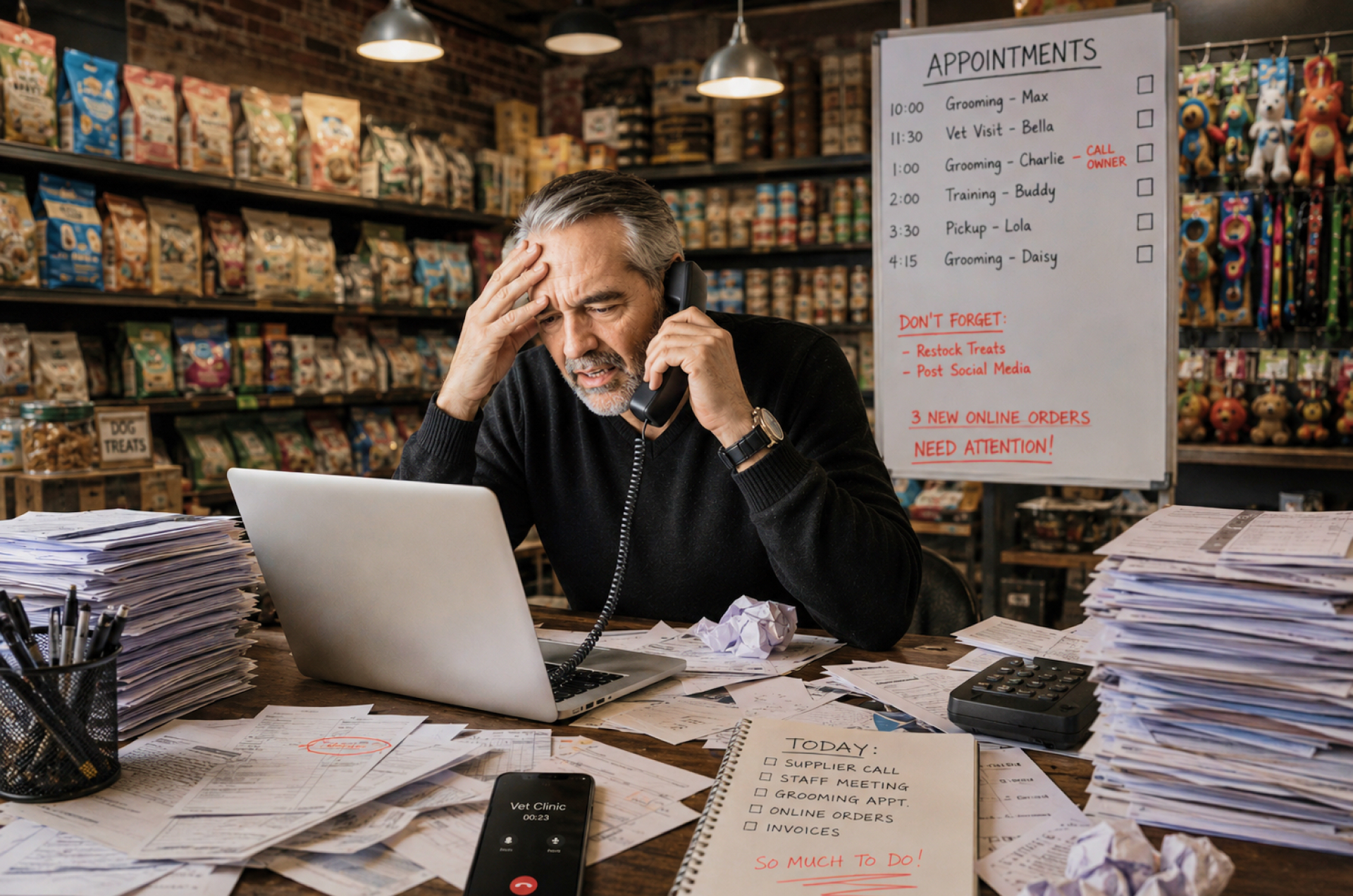 Overwhelmed pet business owner handling admin tasks manually